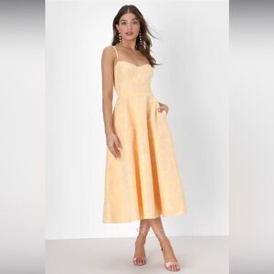 LULUS “Meet for Tea” Yellow Jacquard Bustier Midi Dress WITH POCKETS!